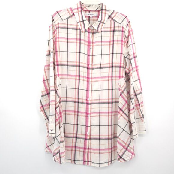 Foxcroft plaid long sleeve button up tunic top Size 16w cream pink pockets - Picture 1 of 7